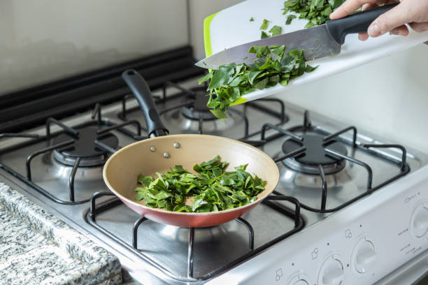 female hands cooking ora-pro-nobis in frying pan. pereskia aculeata is a popular vegetable in parts of brazil - ora pro nobis imagens e fotografias de stock