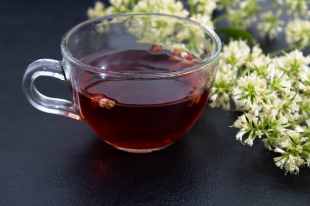 mug with pink apple tea on a blue cloth on a black background with guaco flowers on the side. mention of treatment with alternative, herbal and natural medicine. - guaco imagens e fotografias de stock