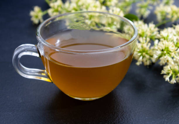 mug with tea in yellow color on a blue cloth on a black background with guaco flowers on the side. mention of treatment with alternative, herbal and natural medicine. - guaco imagens e fotografias de stock